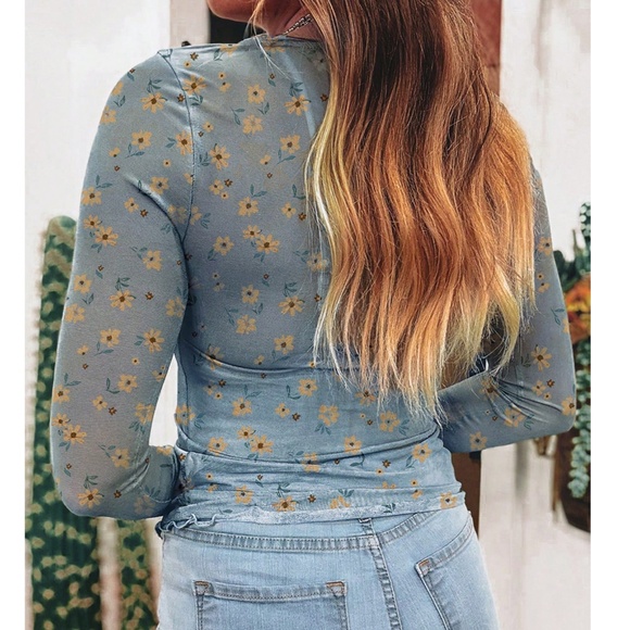 Boho Floral Print Semi Sheer Long sleeve Top - Picture 3 of 5